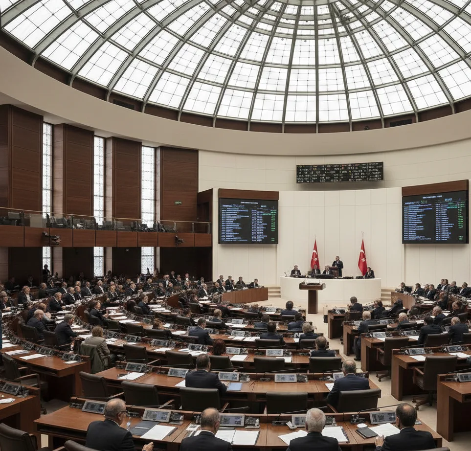 Meclis salonunda delege üniteleri ve oylama ekranlarıyla donatılmış oturum salonu
