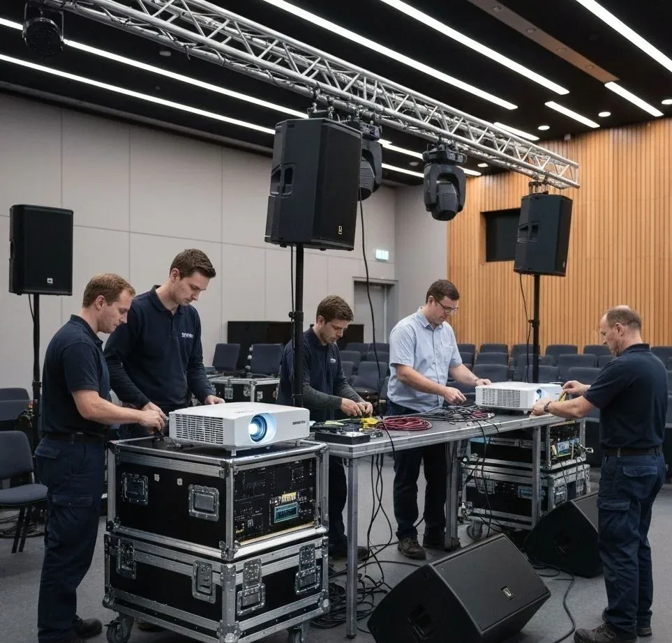 Professional AV equipment and flight cases prepared for an installation project