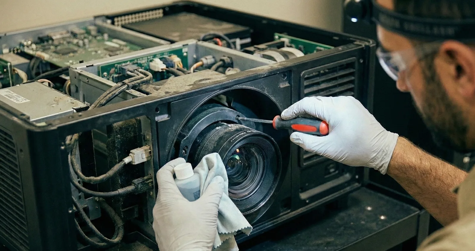 A Sonopto technician cleaning a projector lens during scheduled maintenance