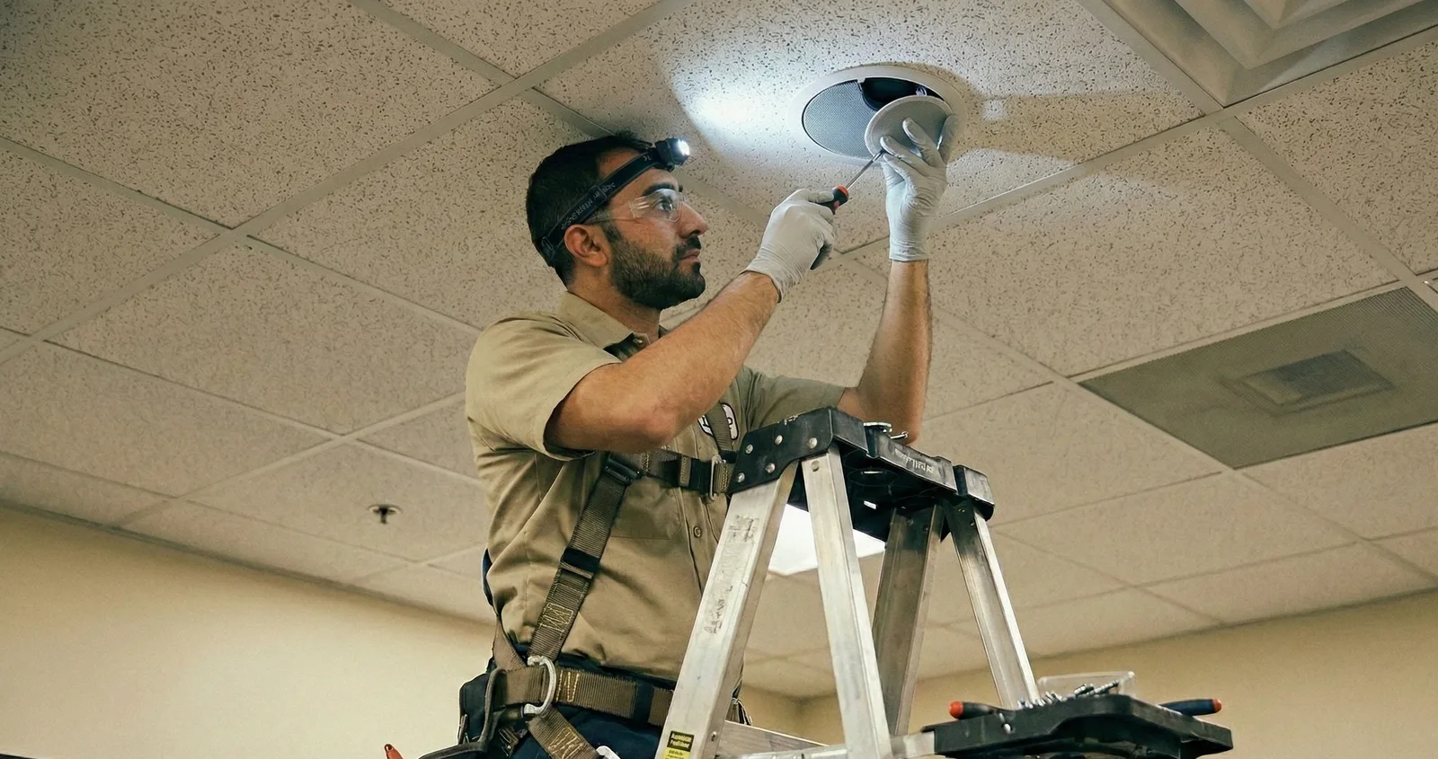 A Sonopto technician carrying out a professional ceiling speaker installation