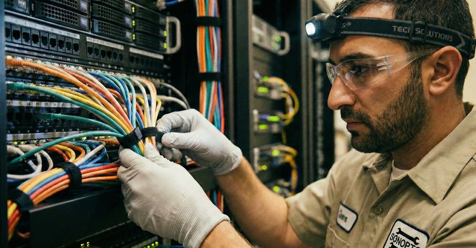 A Sonopto field technician organising cabling inside a rack cabinet